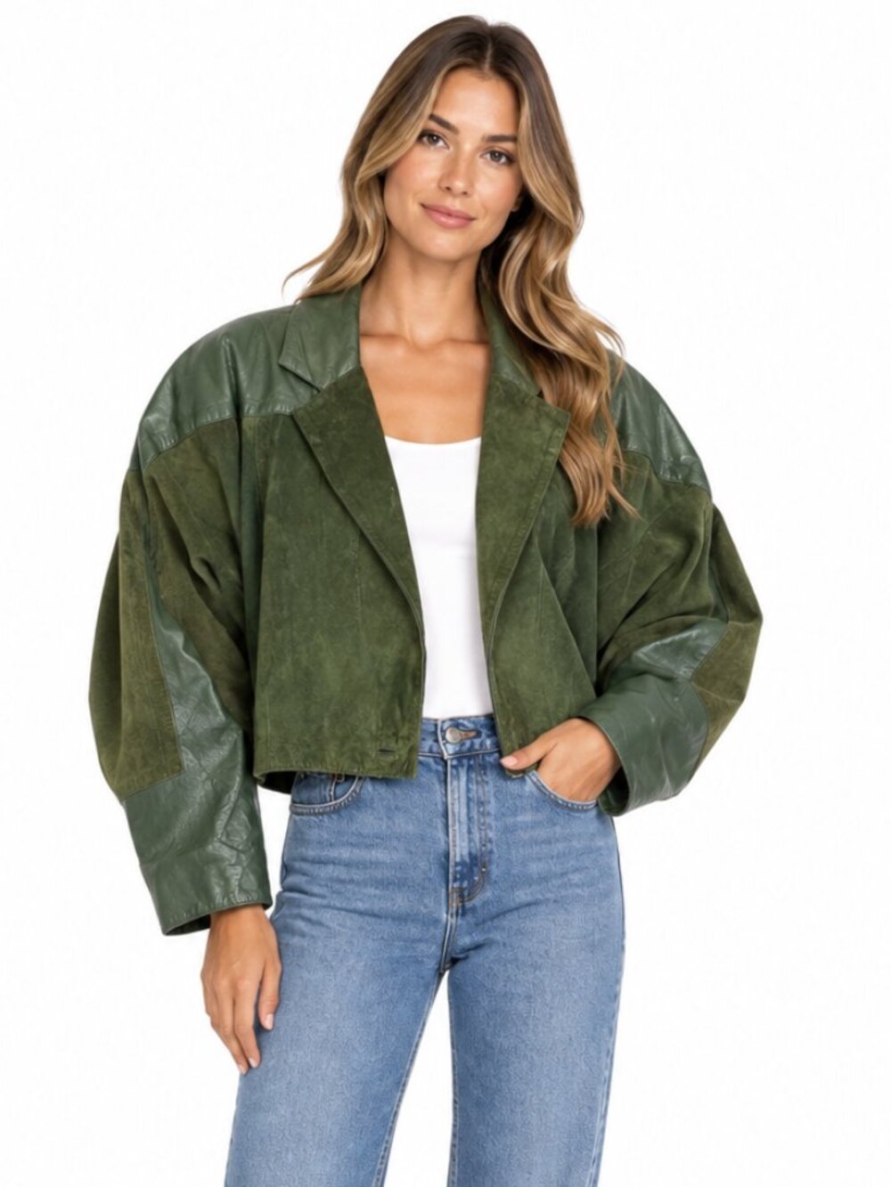 Vintage Genuine Leather Suede Batwing Shoulder Pad Jacket Green Tarazzia M